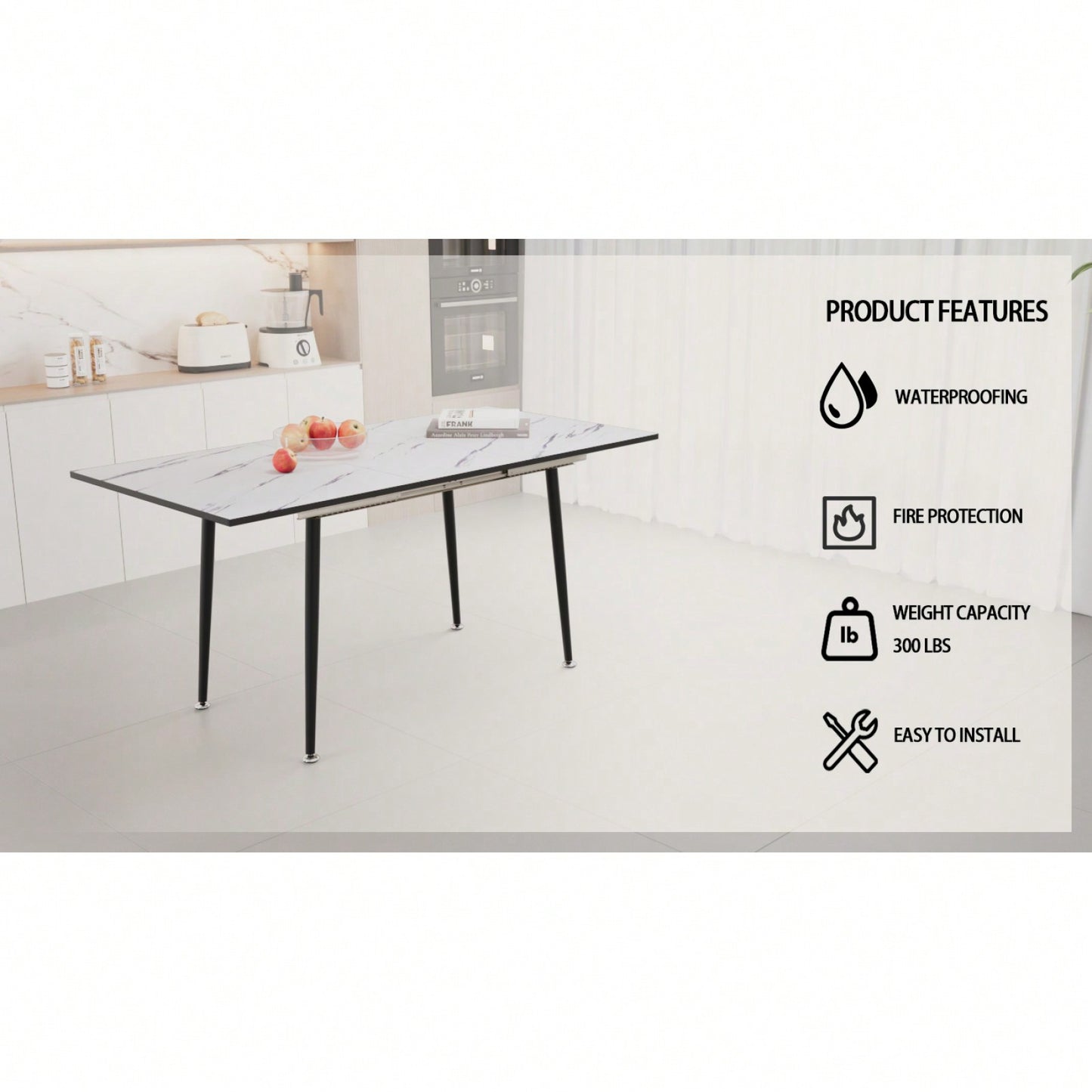 Modern 63 Inch MDF Square White Marble Pattern Dining Table with Tapered Black Metal Legs for Kitchen and Dining Room