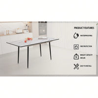 Modern 63 Inch MDF Square White Marble Pattern Dining Table with Tapered Black Metal Legs for Kitchen and Dining Room