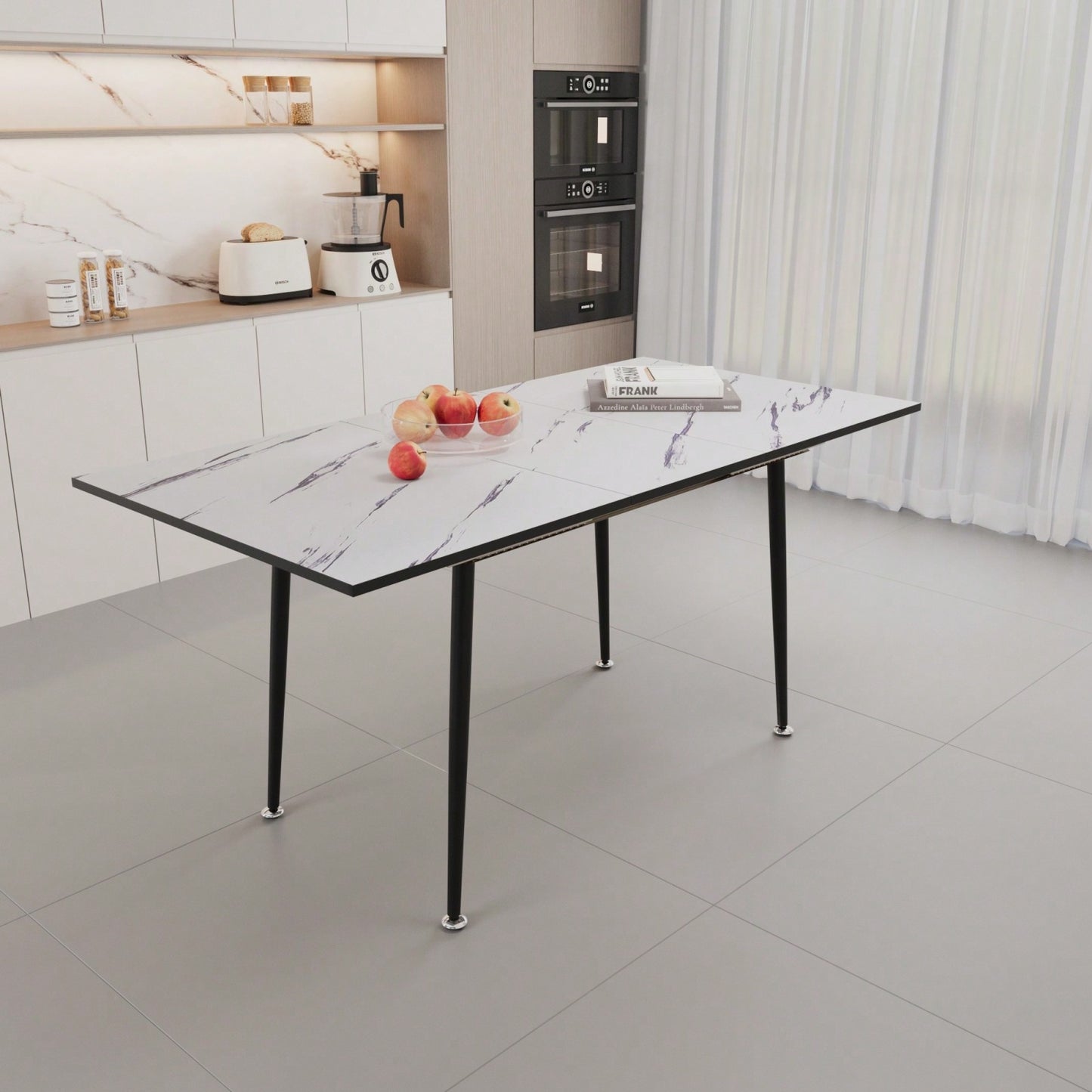 Modern 63 Inch MDF Square White Marble Pattern Dining Table with Tapered Black Metal Legs for Kitchen and Dining Room