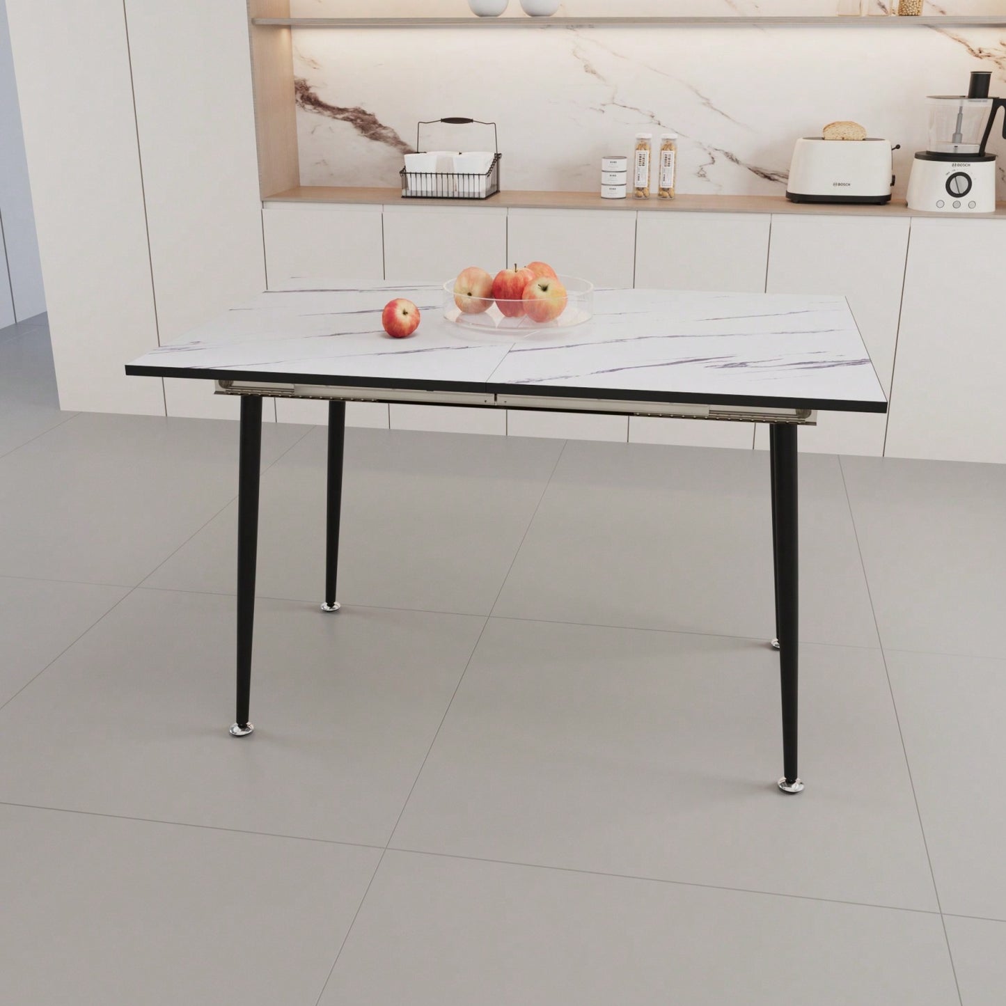 Modern 63 Inch MDF Square White Marble Pattern Dining Table with Tapered Black Metal Legs for Kitchen and Dining Room