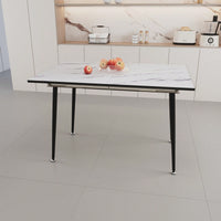 Modern 63 Inch MDF Square White Marble Pattern Dining Table with Tapered Black Metal Legs for Kitchen and Dining Room