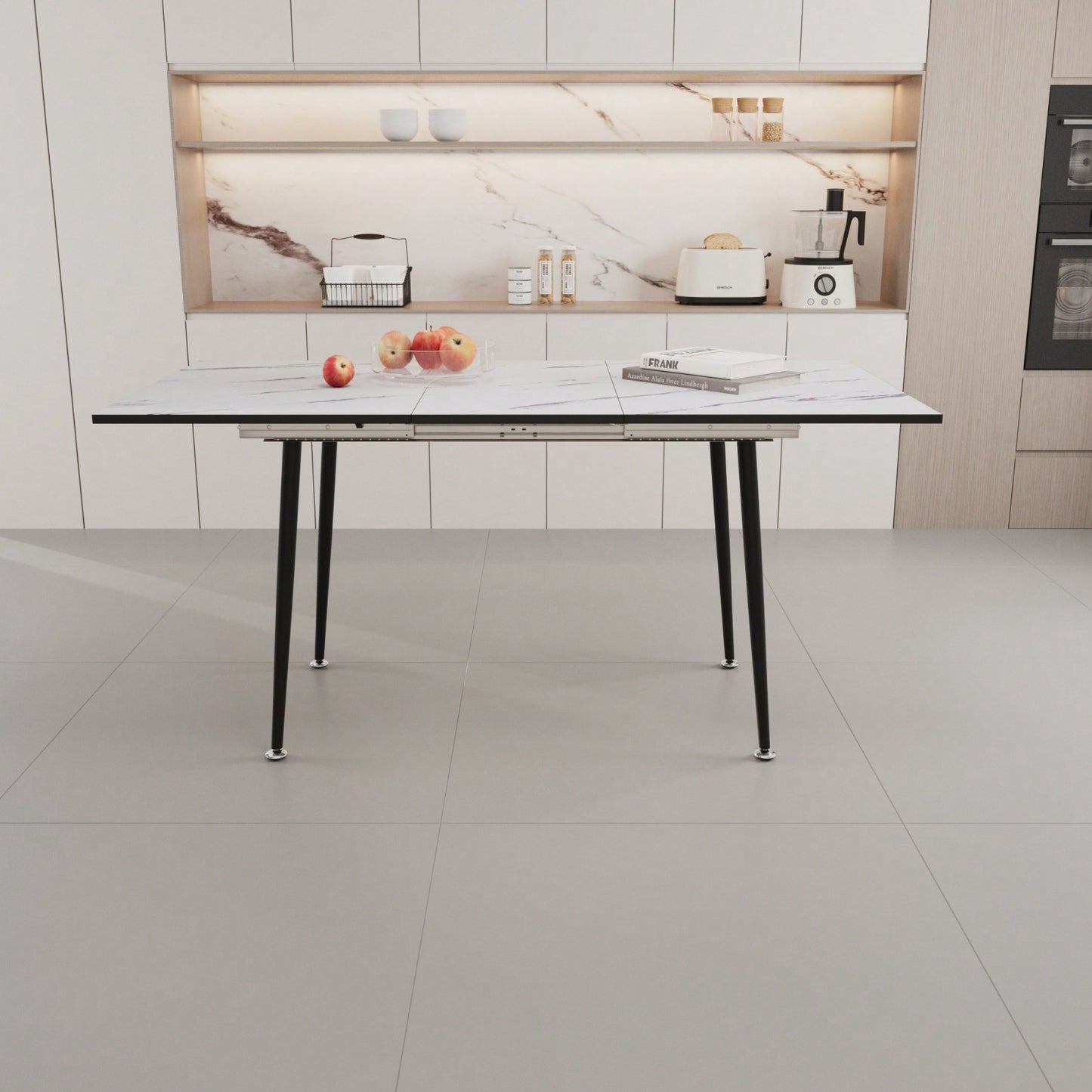 Modern 63 Inch MDF Square White Marble Pattern Dining Table with Tapered Black Metal Legs for Kitchen and Dining Room
