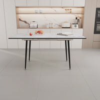 Modern 63 Inch MDF Square White Marble Pattern Dining Table with Tapered Black Metal Legs for Kitchen and Dining Room