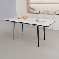 Modern 63 Inch MDF Square White Marble Pattern Dining Table with Tapered Black Metal Legs for Kitchen and Dining Room