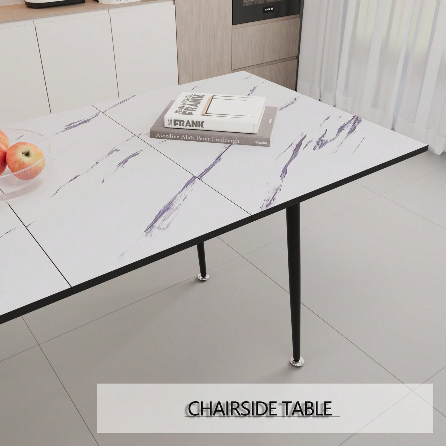 Modern 63 Inch MDF Square White Marble Pattern Dining Table with Tapered Black Metal Legs for Kitchen and Dining Room