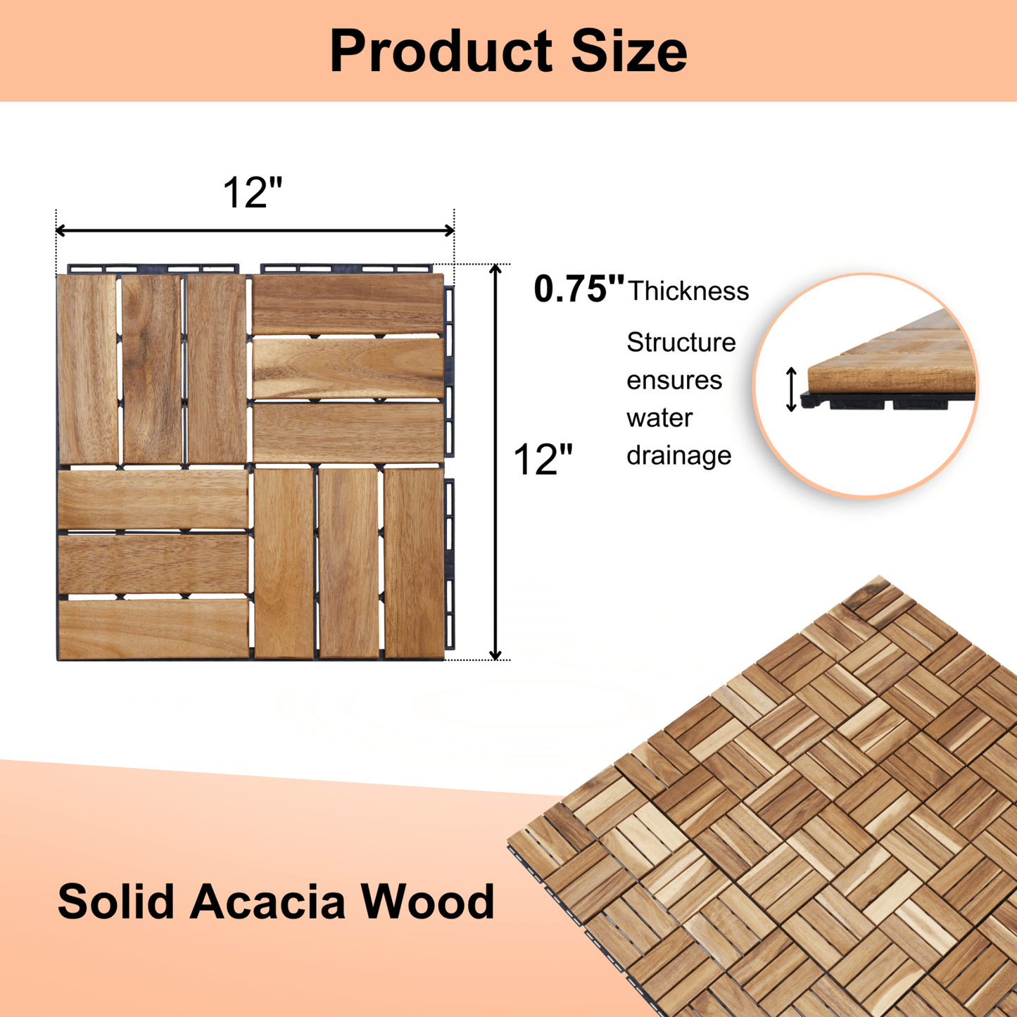 Acacia Wood Interlocking Patio Tiles 12x12 Outdoor Flooring for Balcony Poolside Garden Easy DIY Installation 10 Pack