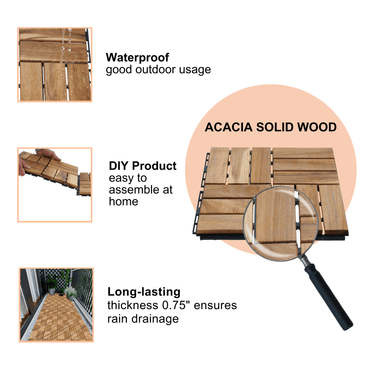 Acacia Wood Interlocking Patio Tiles 12x12 Outdoor Flooring for Balcony Poolside Garden Easy DIY Installation 10 Pack