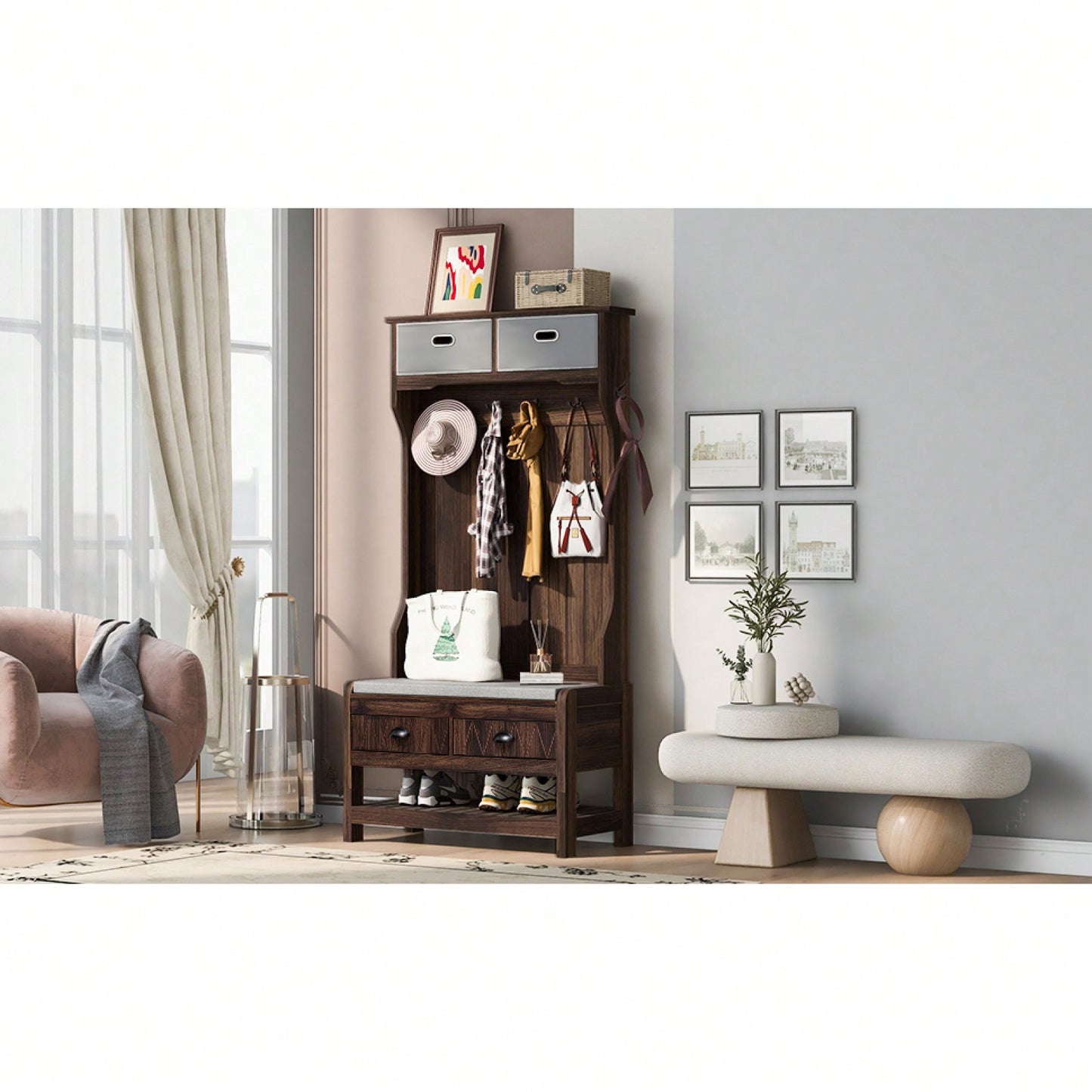 Hall Tree With 6 Hooks And Hinged Lid, Coat Hanger, Entryway Bench, Storage Bench, 3-In-1 Design,For Entrance, Hallway