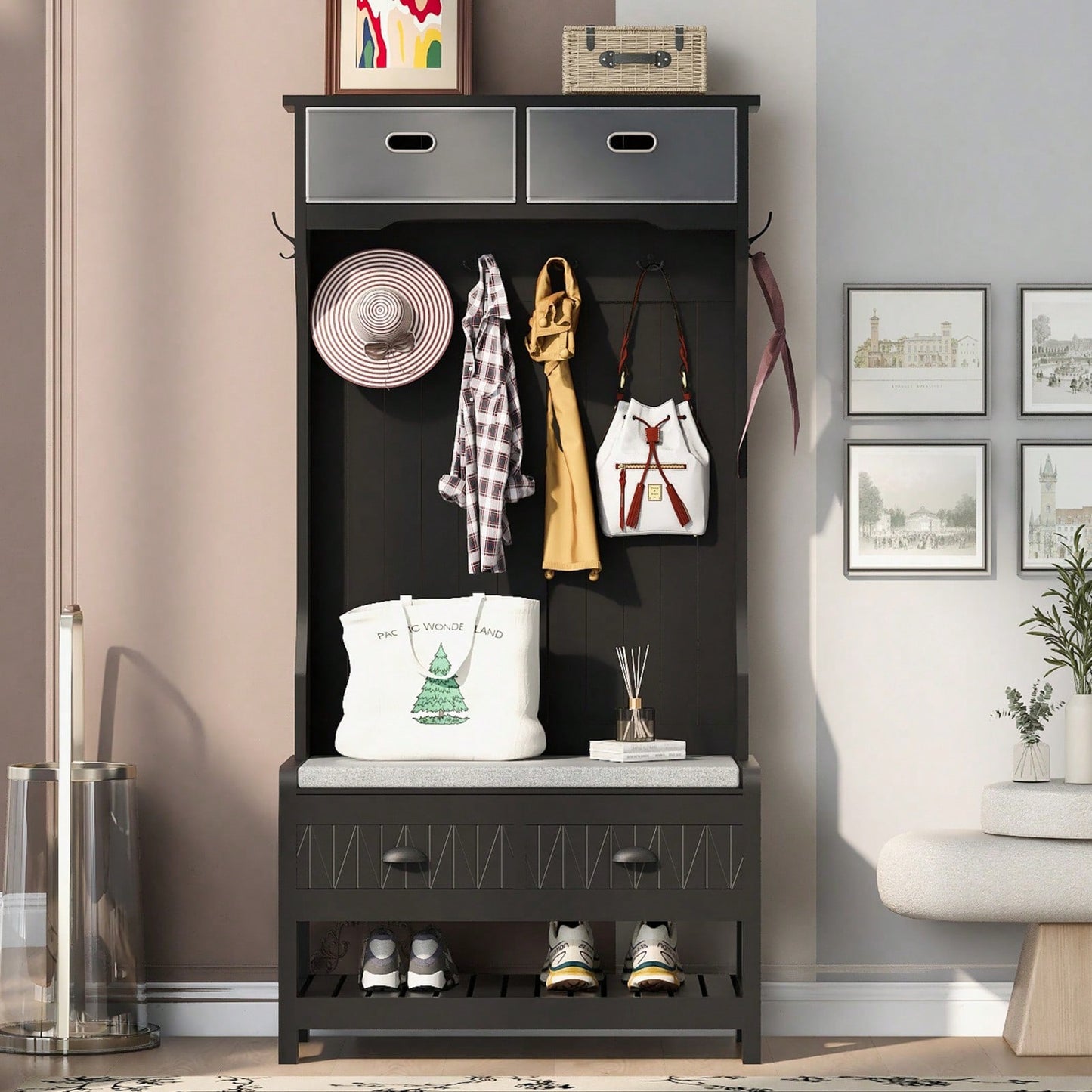 Hall Tree With 6 Hooks And Hinged Lid, Coat Hanger, Entryway Bench, Storage Bench, 3-In-1 Design,For Entrance, Hallway