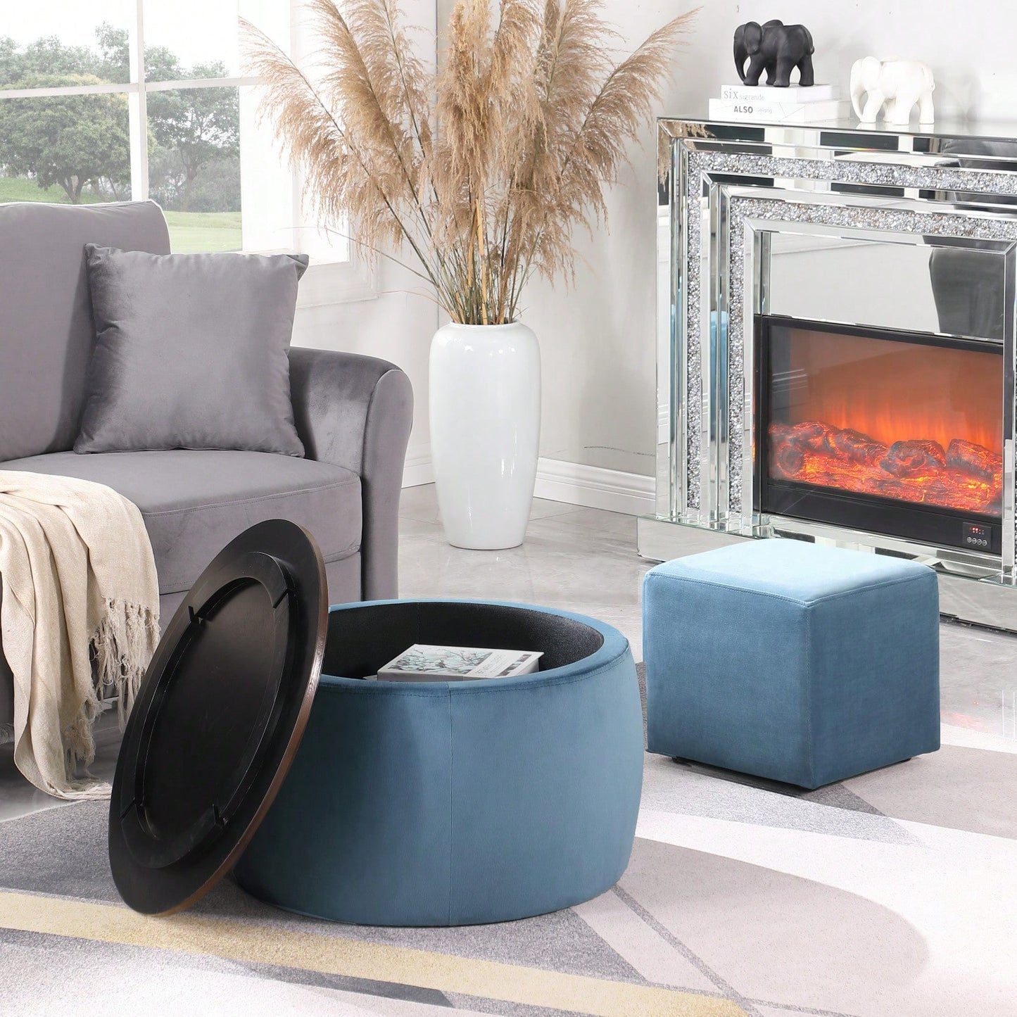 Round Ottoman Set With Storage, 2 In 1 Combination