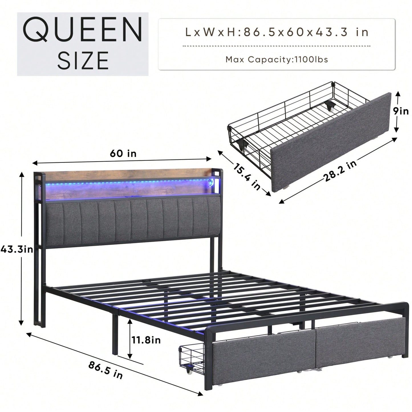 Queen Bed Frame With Storage Headboard And Drawers