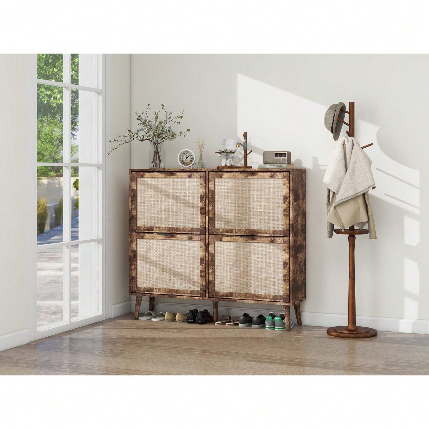 Modern 4-Door Freestanding Shoe Rack With Double-Layer Storage And Pine Legs