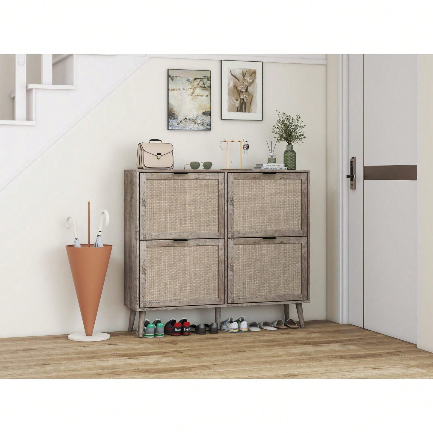 Modern 4-Door Freestanding Shoe Rack With Double-Layer Storage And Pine Legs