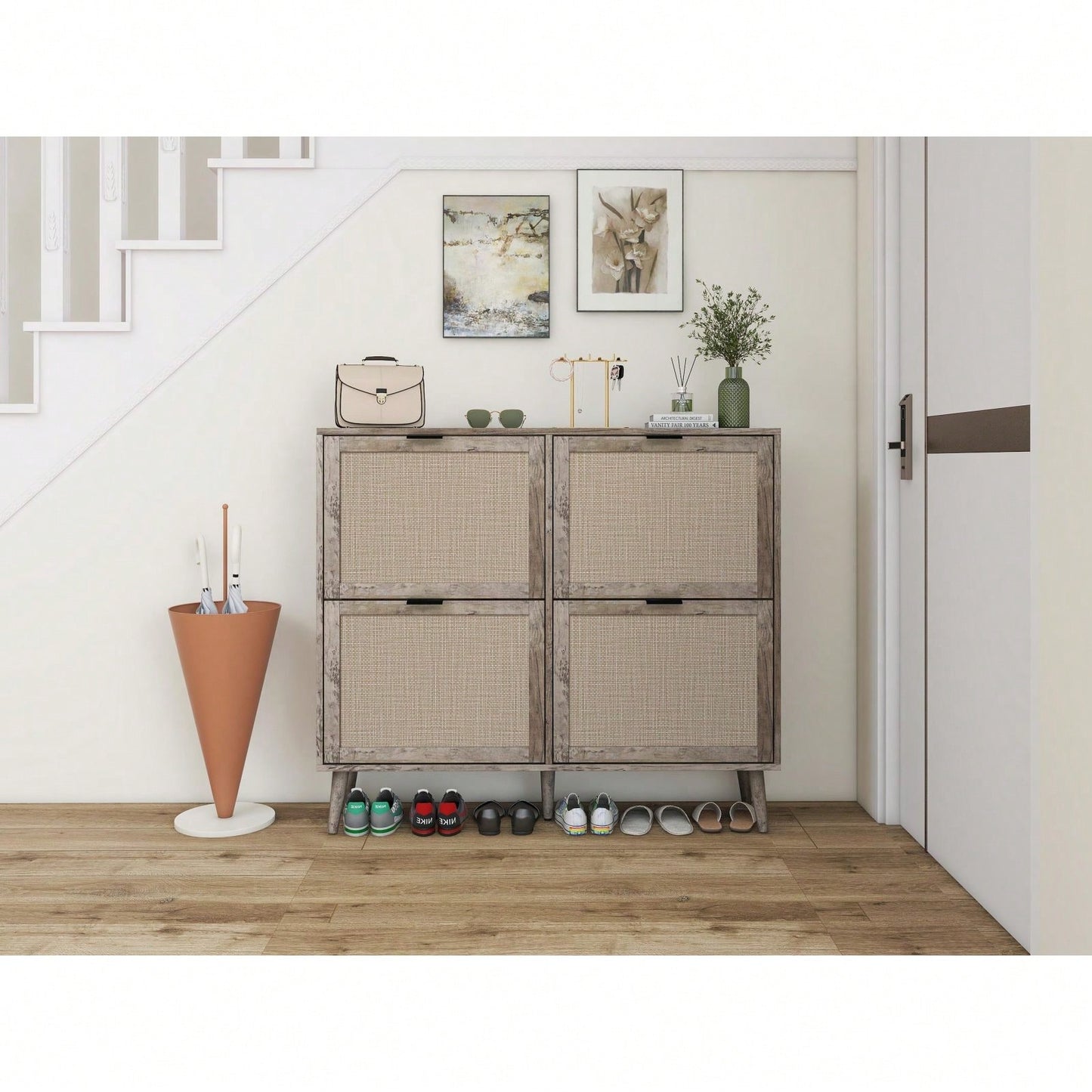 Modern 4-Door Freestanding Shoe Rack With Double-Layer Storage And Pine Legs