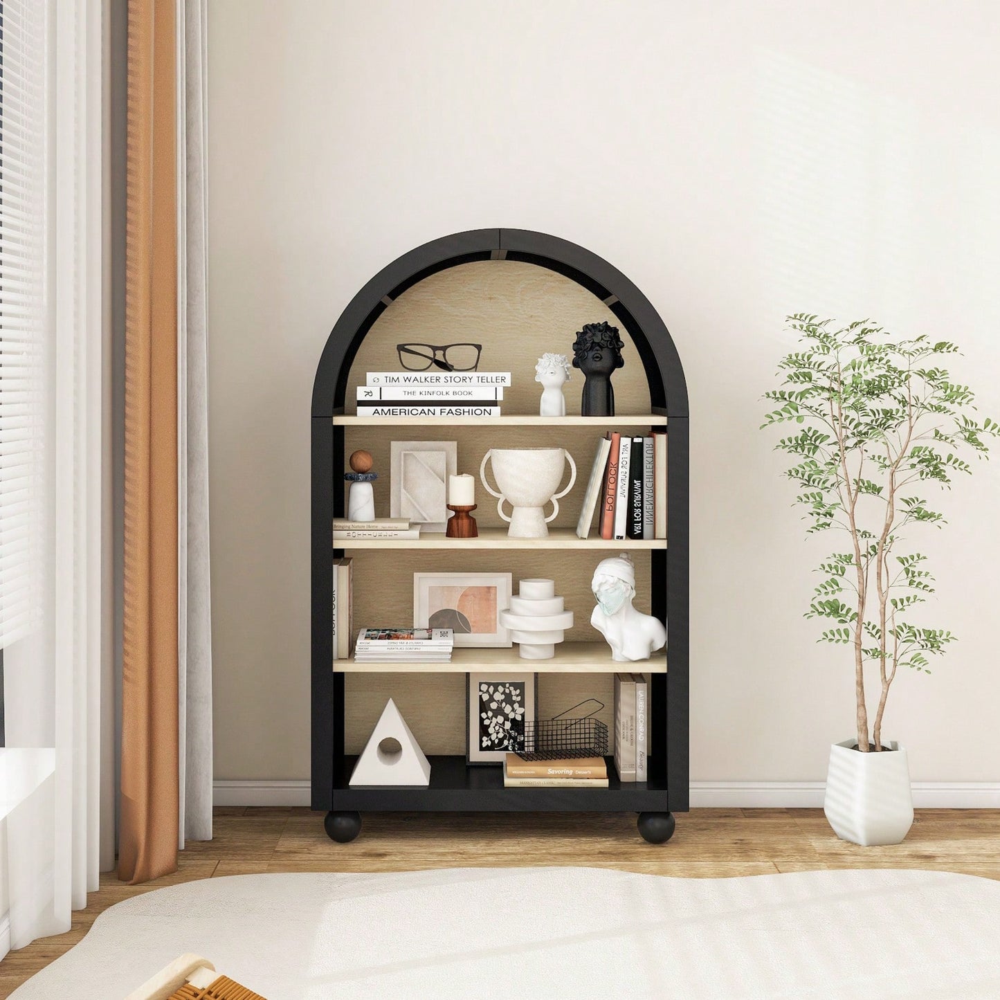 Modern Arched 4-Tier Bookcase Stylish Storage Cabinet for Living Room Bedroom Durable MDF with Anti-Tipping Device Ideal for Small Spaces