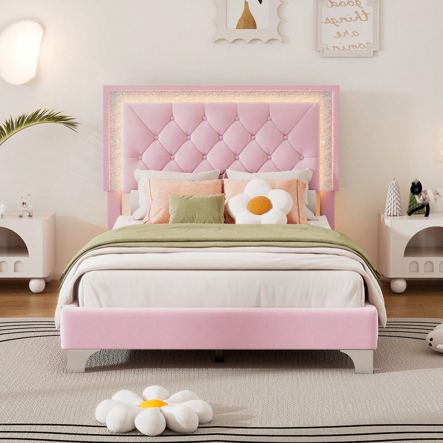 Upholstered Bed Frame With LED Lights,Modern Velvet Bed With Tufted Headboard