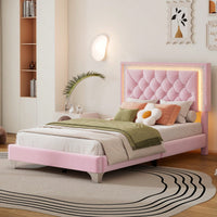 Upholstered Bed Frame With LED Lights,Modern Velvet Bed With Tufted Headboard