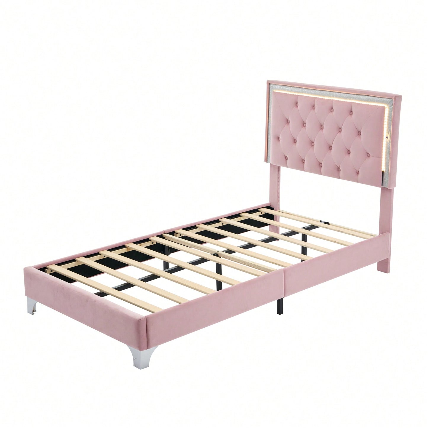 Upholstered Bed Frame With LED Lights,Modern Velvet Bed With Tufted Headboard