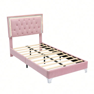 Upholstered Bed Frame With LED Lights,Modern Velvet Bed With Tufted Headboard