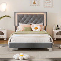 Upholstered Bed Frame With LED Lights,Modern Velvet Bed With Tufted Headboard