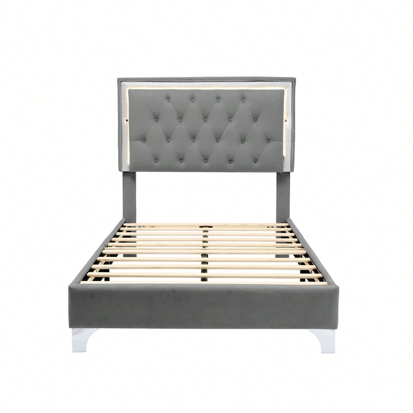 Upholstered Bed Frame With LED Lights,Modern Velvet Bed With Tufted Headboard