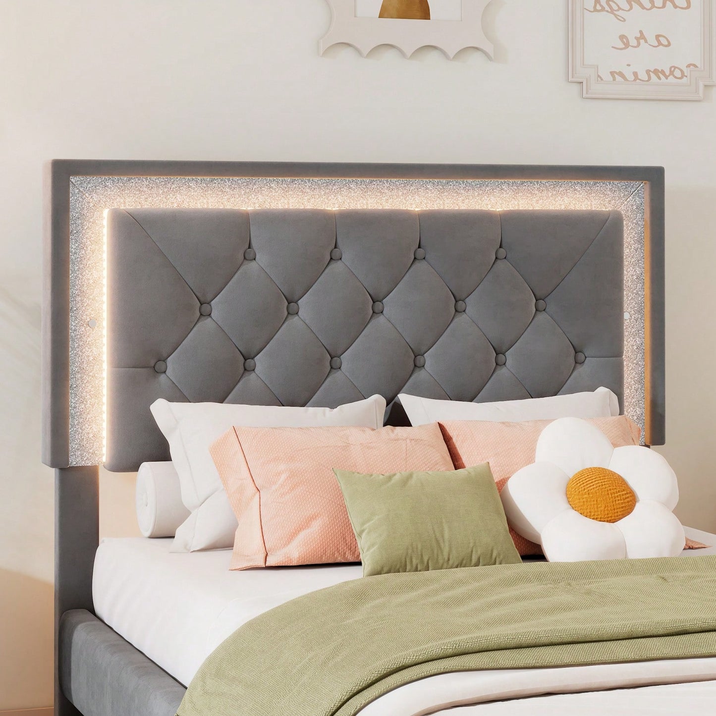 Upholstered Bed Frame With LED Lights,Modern Velvet Bed With Tufted Headboard