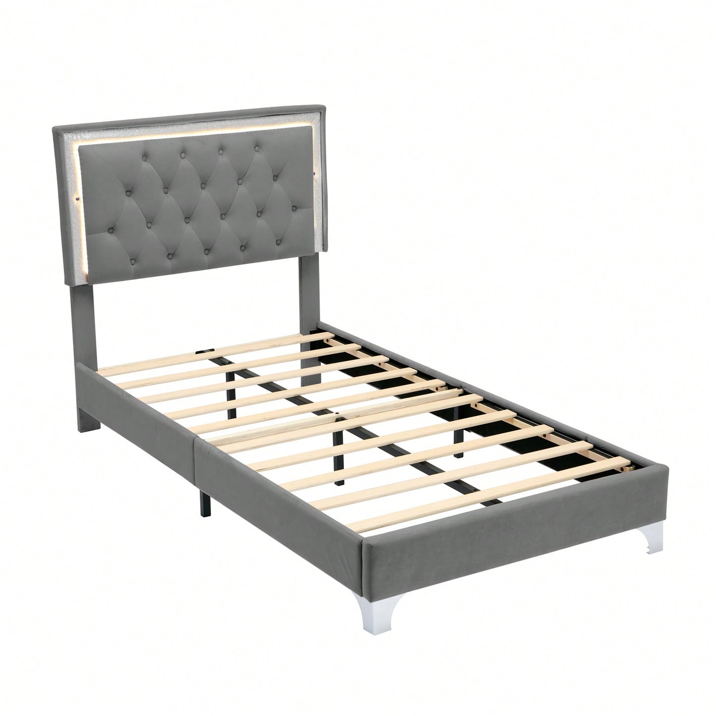 Upholstered Bed Frame With LED Lights,Modern Velvet Bed With Tufted Headboard