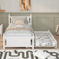Twin Size Solid Wood Platform Bed Frame With Trundle For Limited Space Kids, Teens, Adults, No Need Box Spring