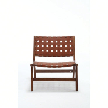 Saddle Leather Woven Leisure Chair, Solid Wood Legs, Suitable For Living Room, Study Or Balcony