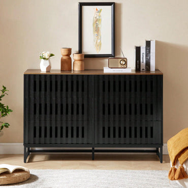 6 Drawer Double Dresser With Slatted Grille Striped Drawer, Modern Style Dresser, High-Quality MDF And Metal Leg