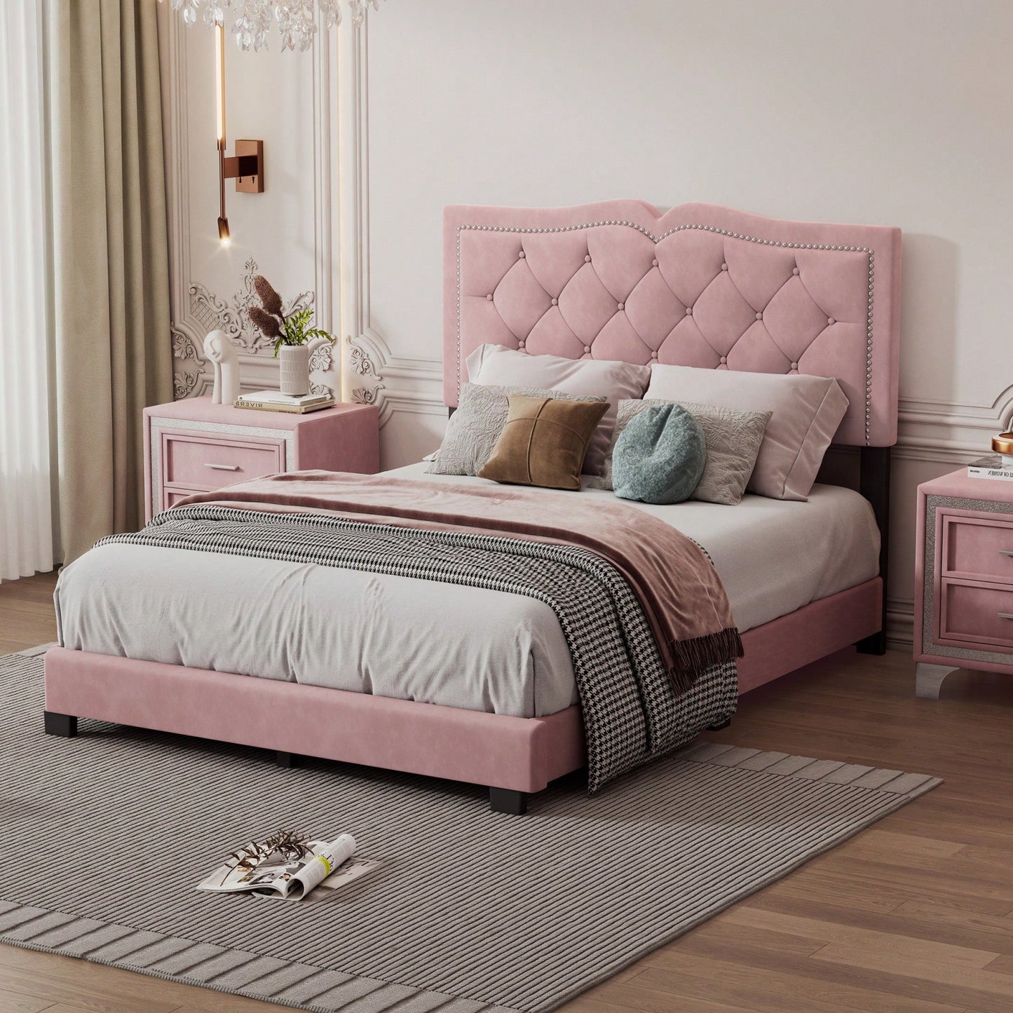 Modern Pink Velvet Platform Bed with Tufted Headboard and Rivet Design Sturdy Wood Frame No Box Spring Needed 500lbs Capacity