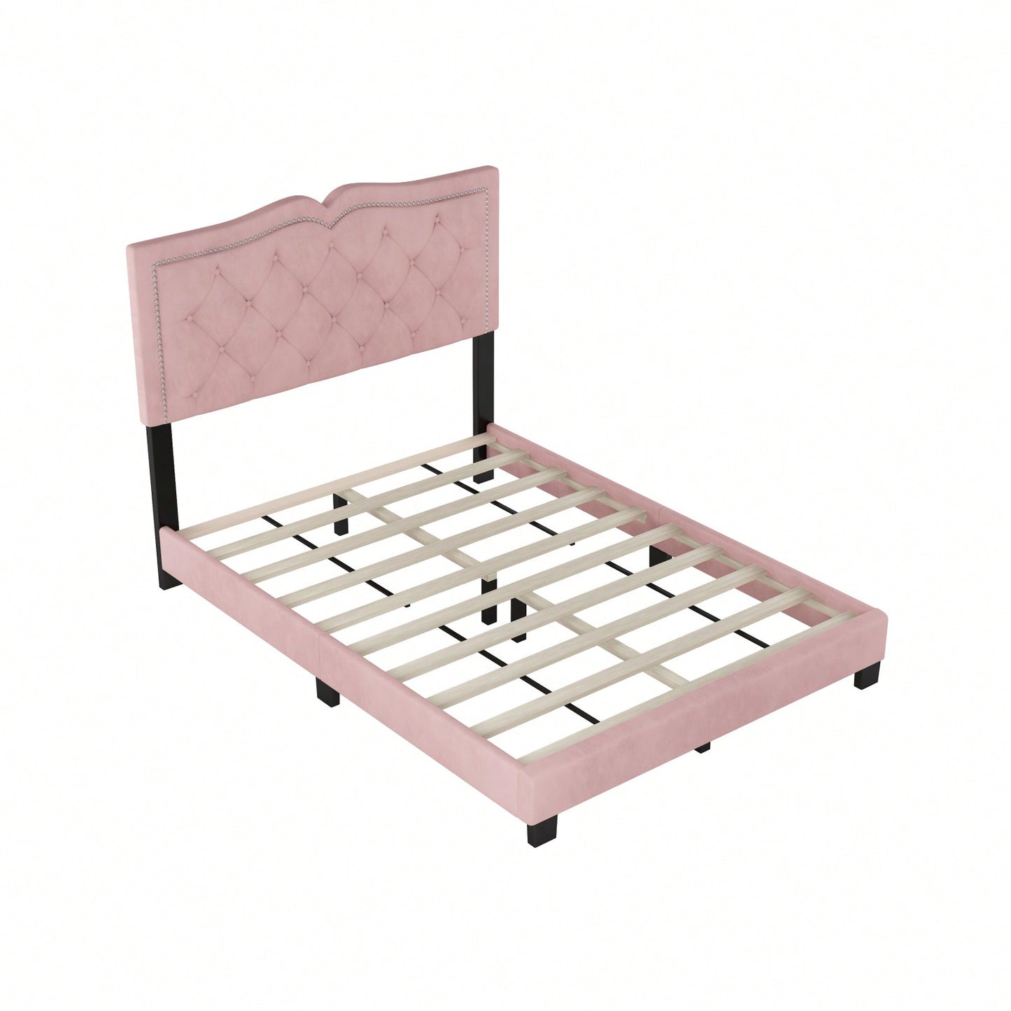 Modern Pink Velvet Platform Bed with Tufted Headboard and Rivet Design Sturdy Wood Frame No Box Spring Needed 500lbs Capacity