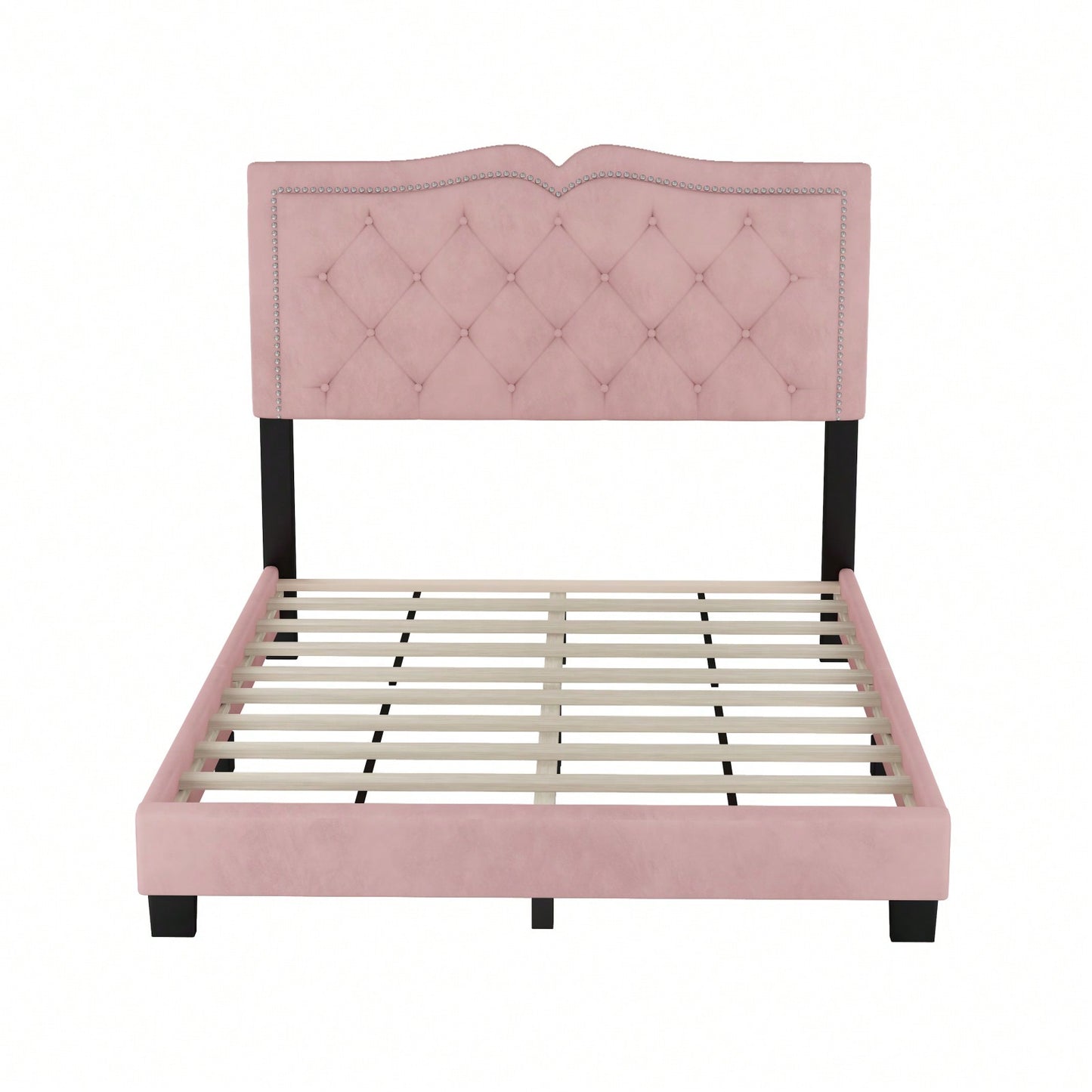 Modern Pink Velvet Platform Bed with Tufted Headboard and Rivet Design Sturdy Wood Frame No Box Spring Needed 500lbs Capacity