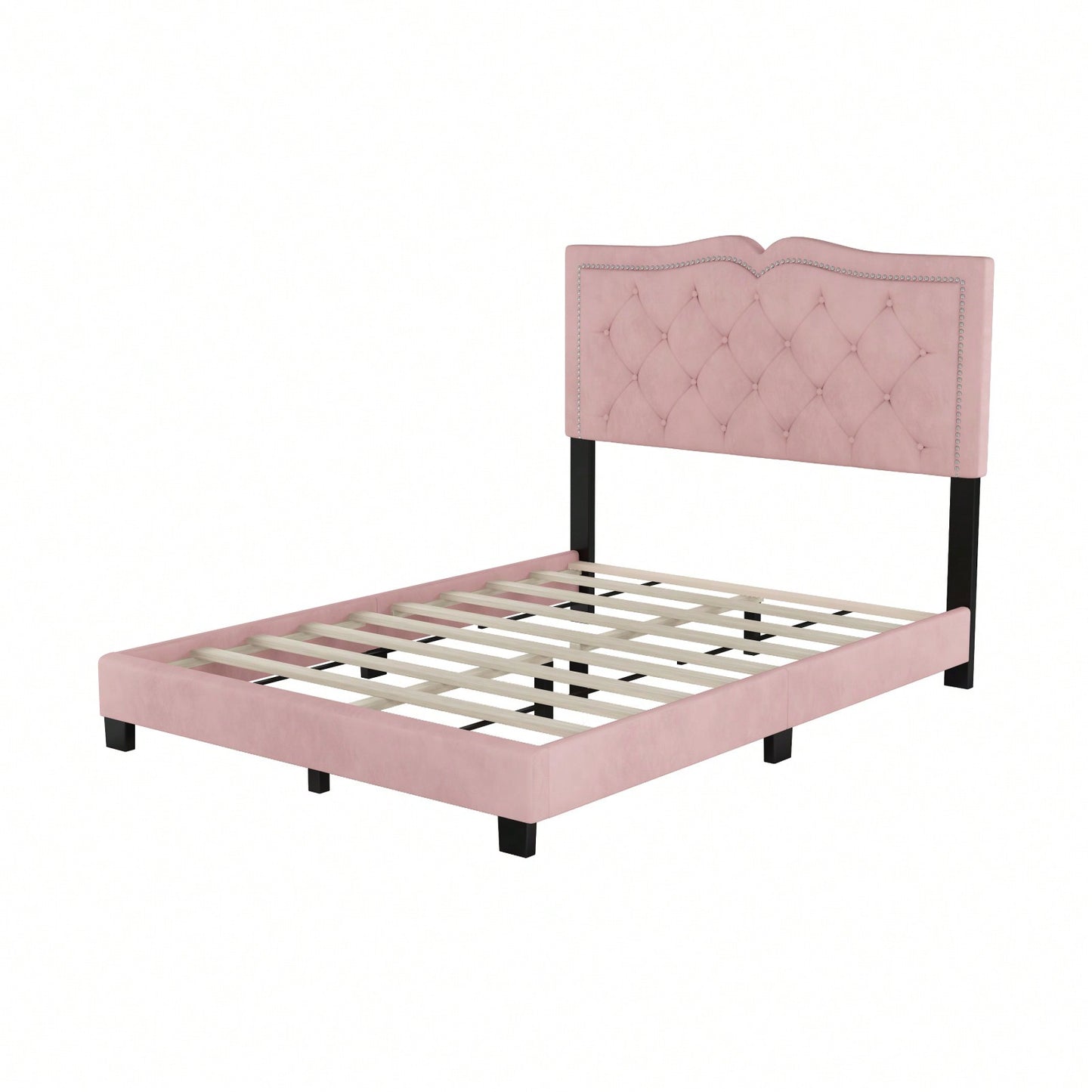 Modern Pink Velvet Platform Bed with Tufted Headboard and Rivet Design Sturdy Wood Frame No Box Spring Needed 500lbs Capacity