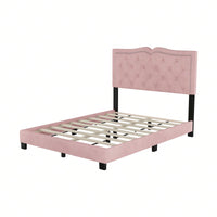 Modern Pink Velvet Platform Bed with Tufted Headboard and Rivet Design Sturdy Wood Frame No Box Spring Needed 500lbs Capacity