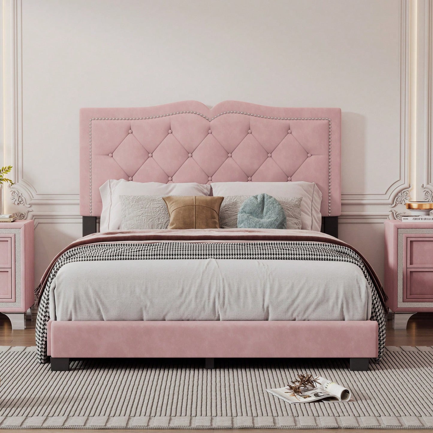Modern Pink Velvet Platform Bed with Tufted Headboard and Rivet Design Sturdy Wood Frame No Box Spring Needed 500lbs Capacity