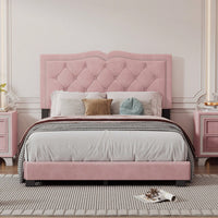 Modern Pink Velvet Platform Bed with Tufted Headboard and Rivet Design Sturdy Wood Frame No Box Spring Needed 500lbs Capacity