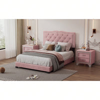 Modern Pink Velvet Platform Bed with Tufted Headboard and Rivet Design Sturdy Wood Frame No Box Spring Needed 500lbs Capacity