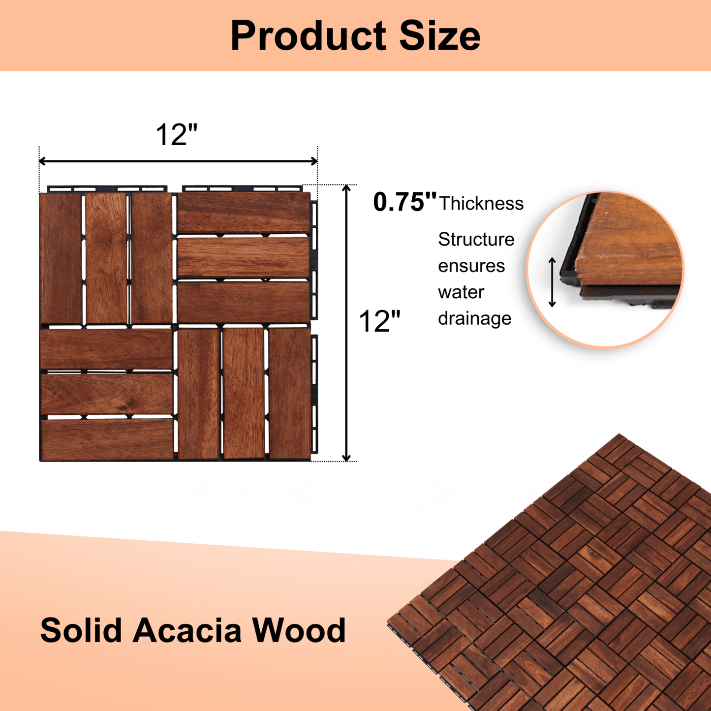 10 PCS Interlocking Deck Tiles Checker Pattern, 12" X 12" Square Brown Acacia Hardwood Outdoor Flooring For Patio, Bancony, Pool Side, Porch