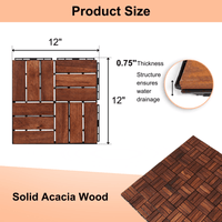 10 PCS Interlocking Deck Tiles Checker Pattern, 12" X 12" Square Brown Acacia Hardwood Outdoor Flooring For Patio, Bancony, Pool Side, Porch