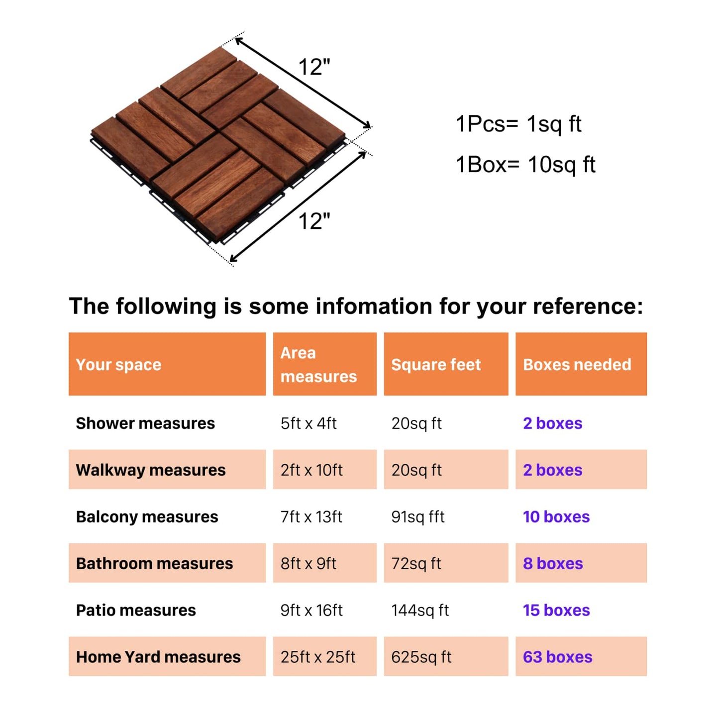 10 PCS Interlocking Deck Tiles Checker Pattern, 12" X 12" Square Brown Acacia Hardwood Outdoor Flooring For Patio, Bancony, Pool Side, Porch