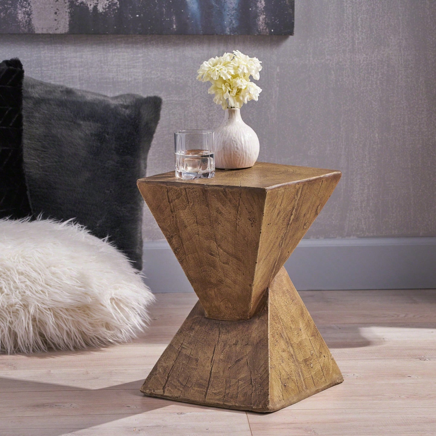 Lightweight Concrete Hourglass Side Table for Indoor Outdoor Use Hand Painted Accent Table 12.5 x 12.5 x 18