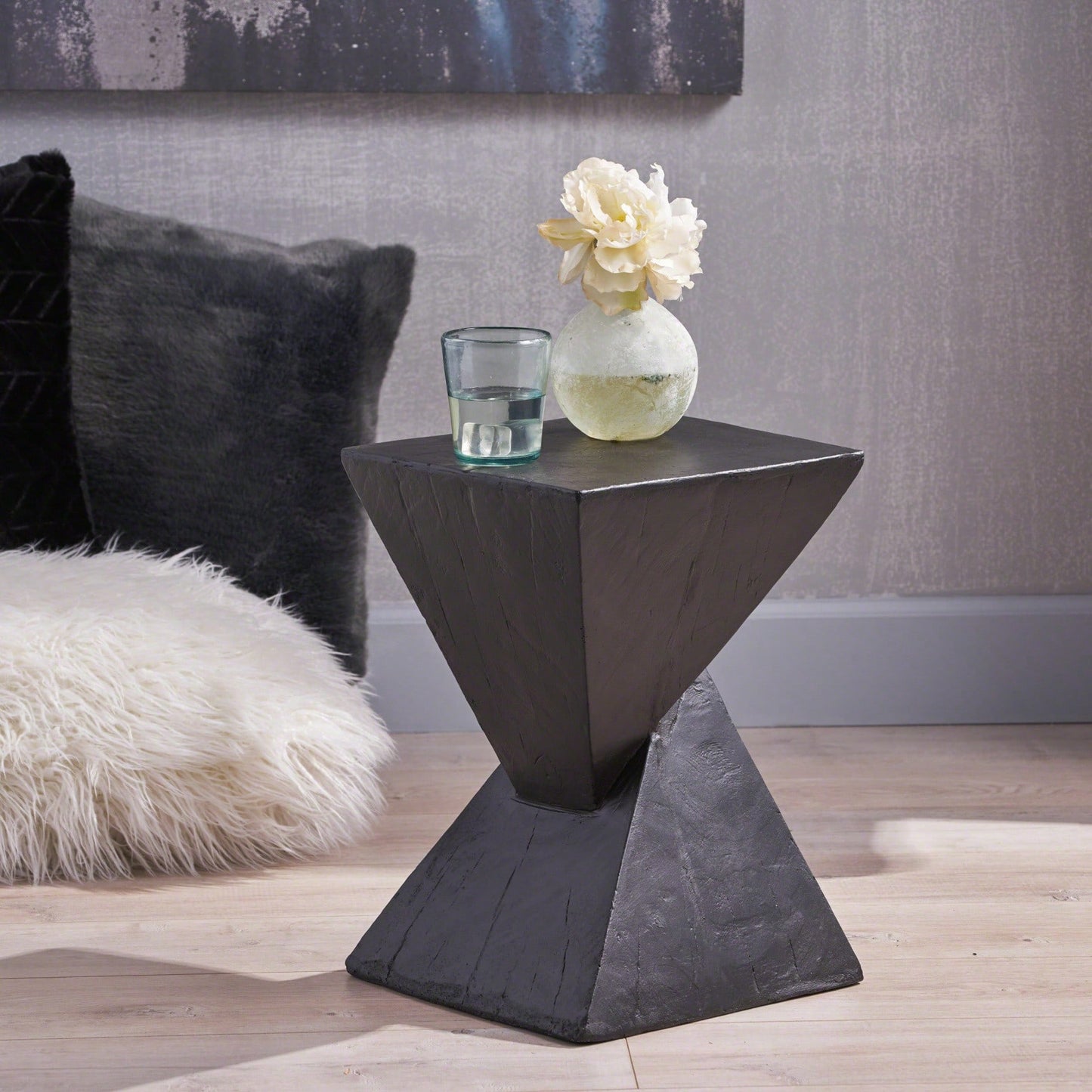 Lightweight Concrete Hourglass Side Table for Indoor Outdoor Use Hand Painted Accent Table 12.5 x 12.5 x 18