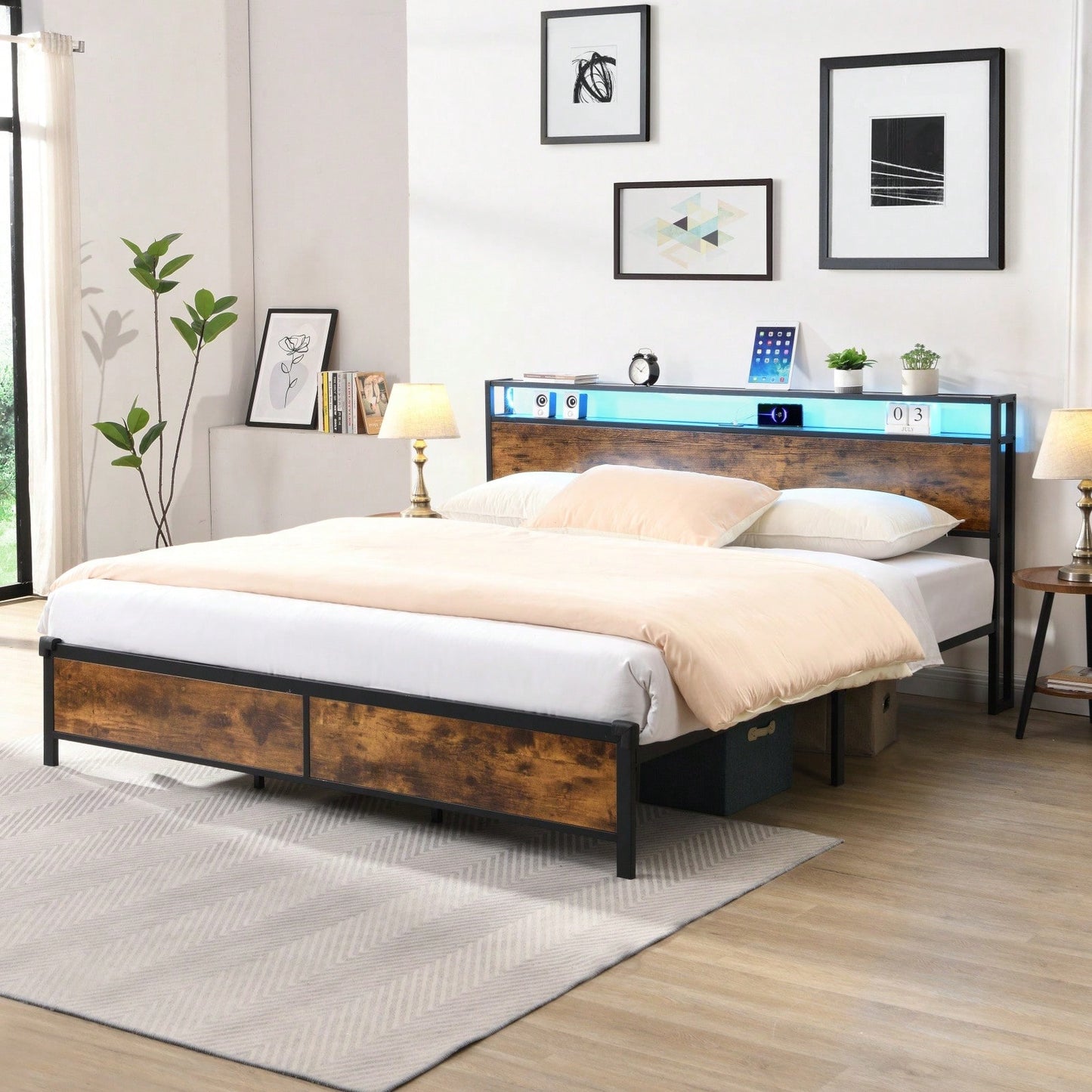 Rustic Industrial King Size Platform Bed Frame with Storage LED Headboard USB Ports No Box Spring Needed