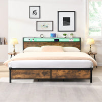 Rustic Industrial King Size Platform Bed Frame with Storage LED Headboard USB Ports No Box Spring Needed