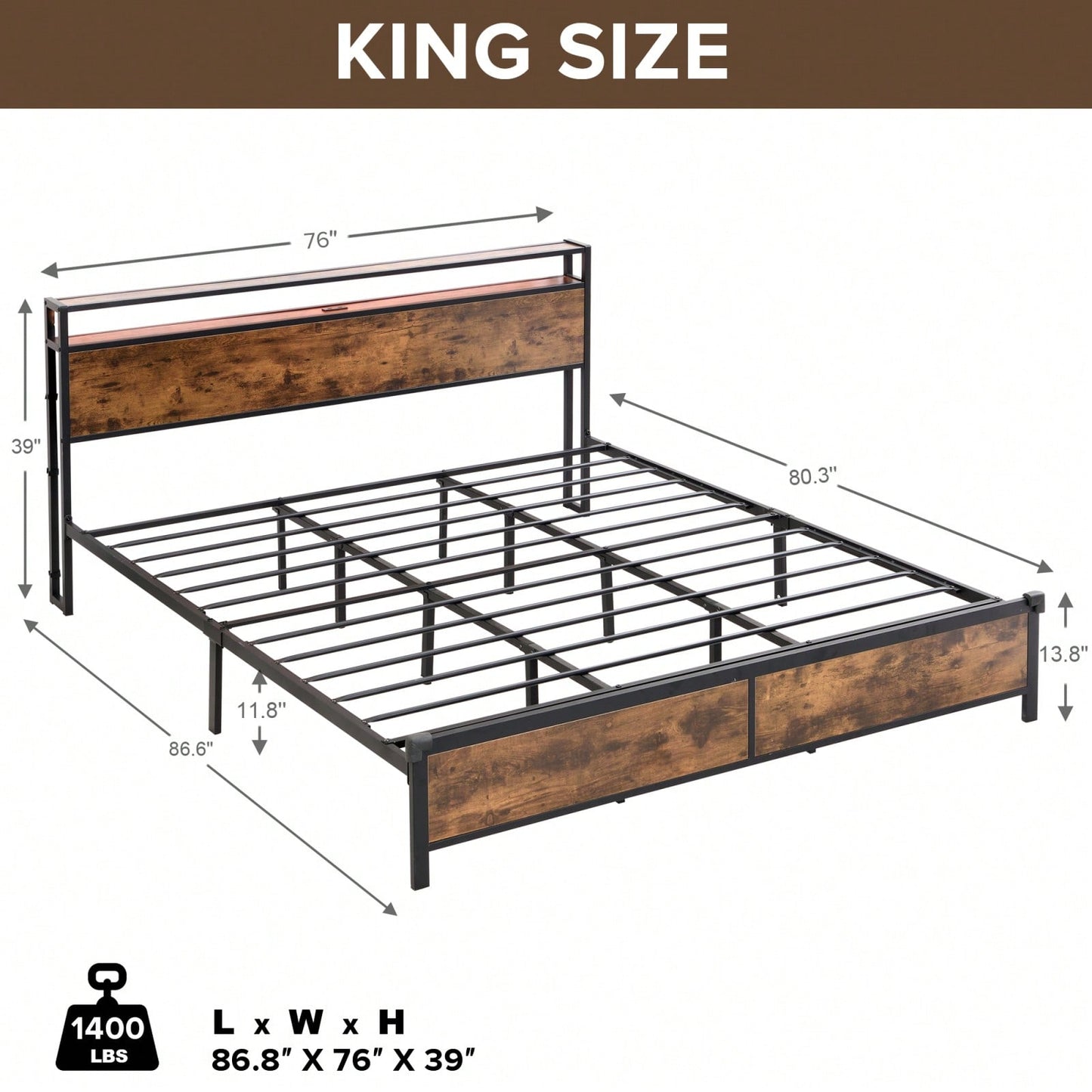 Rustic Industrial King Size Platform Bed Frame with Storage LED Headboard USB Ports No Box Spring Needed