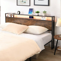 Rustic Industrial King Size Platform Bed Frame with Storage LED Headboard USB Ports No Box Spring Needed