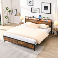 Rustic Industrial King Size Platform Bed Frame with Storage LED Headboard USB Ports No Box Spring Needed