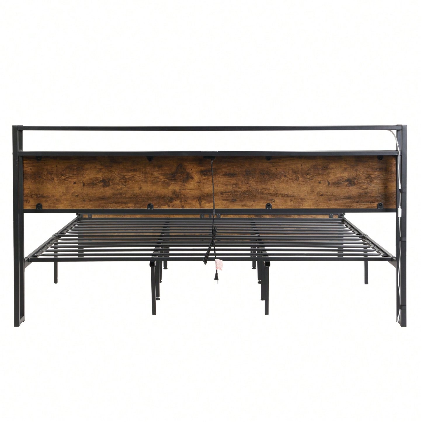 Rustic Industrial King Size Platform Bed Frame with Storage LED Headboard USB Ports No Box Spring Needed