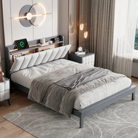 Queen Size Platform Bed With USB Charging Station And Storage Upholstered Headboard,LED Bed Frame